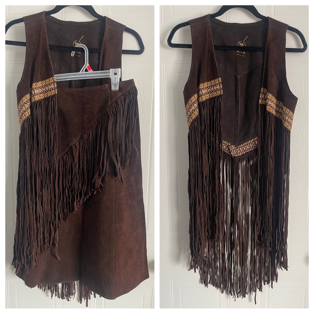 Vintage 70s Suede Fringe Set Western Vest & Skirt Boho Festival Woodstock Rare